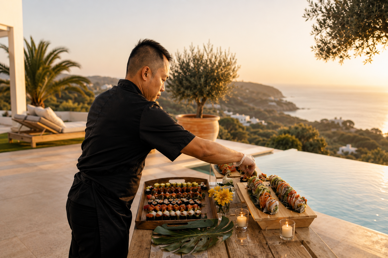 Private chef rolling sushi in a villa kitchen