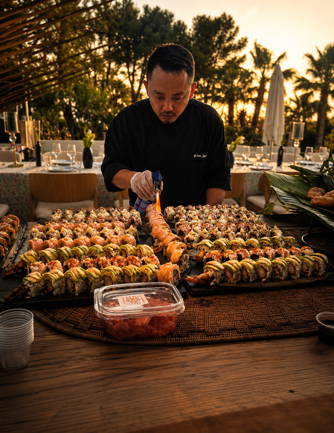 Sushi Table Party set up at sunset