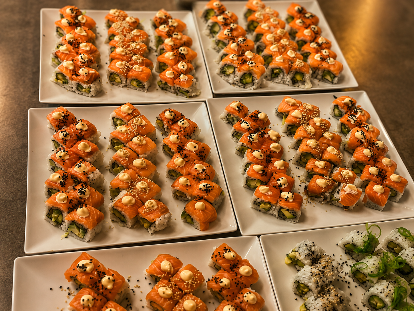 Sushi trays plated and ready to go