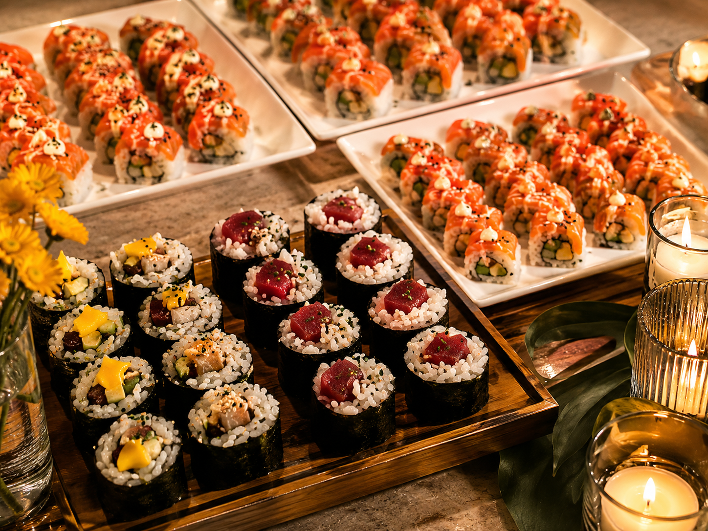 Close-up of fresh sashimi and ingredients